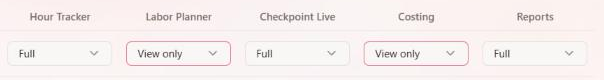Settings Permissions columns showing Labor Planner View only next to Checkpoint Live Full.