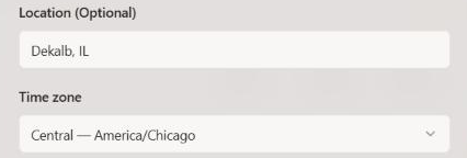 Admin tenant edit dialog with Location set to Dekalb, IL and Time zone set to Central — America/Chicago.