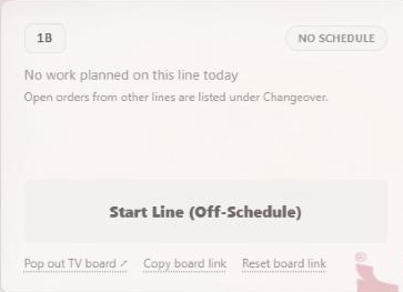 Checkpoint Live line card 1B marked NO SCHEDULE, stating No work planned on this line today and Open orders from other lines are listed under Changeover, with Start Line (Off-Schedule).