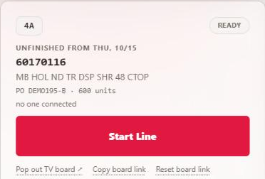 Checkpoint Live line card 4A marked READY, showing Unfinished from Thu, 10/15, item 60170116, PO DEMO195-B, 600 units, and a Start Line button.