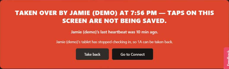 Red card: Taken over by Jamie (demo) at 7:56 PM — taps on this screen are NOT being saved. Last heartbeat 10 min ago; Take back and Go to Connect buttons.