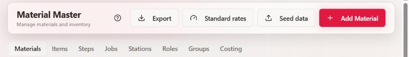 The Material Master header with the Export, Standard rates, Seed data and Add Material buttons.