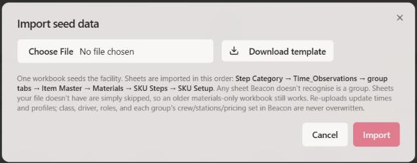 The Import seed data window with Choose File, Download template, and Cancel and Import buttons.