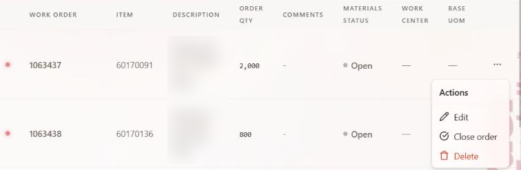 Customer Orders rows with the row menu open: Edit, Close order, Delete.