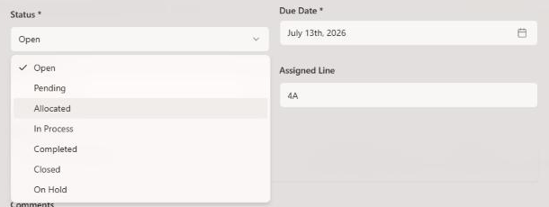 The Status dropdown open with Open, Pending, Allocated, In Process, Completed, Closed and On Hold; Allocated highlighted.