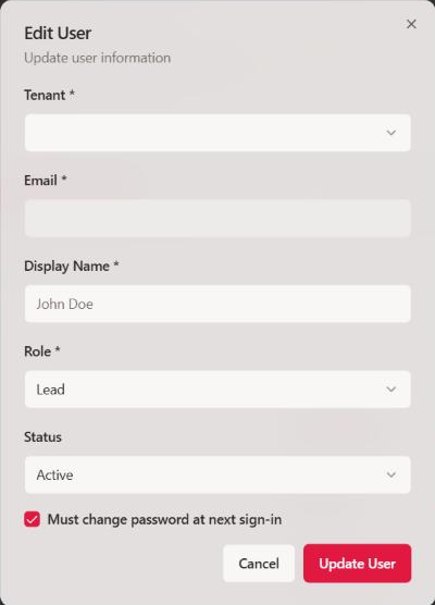 The Edit User window with Must change password at next sign-in ticked. Tenant and email cleared.