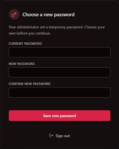 Choose a new password: current password, new password, confirm new password, and Save new password.