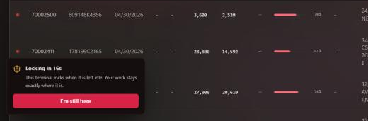 The idle warning card in the bottom-left corner of the Build Schedule: Locking in 16s. This terminal locks when it is left idle. Your work stays exactly where it is. A red I'm still here button.
