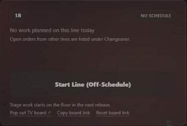 Checkpoint Live line card 1B: No work planned on this line today, Start Line (Off-Schedule), and the note Stage work starts on the floor in the next release.