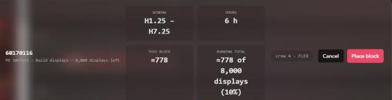 Placement panel for 60170116, PO 1063461, Build displays: window H1.25 to H7.25, 6 hours, this block about 778, running total about 778 of 8,000 displays (10 percent), crew 4.