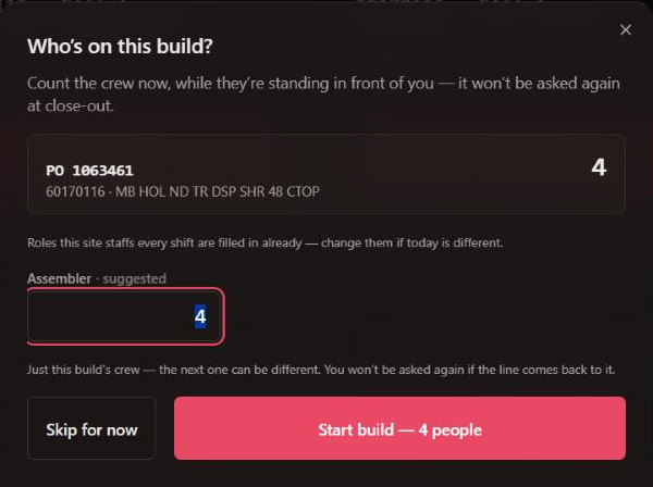 Who's on this build? PO 1063461, 60170116, Assembler suggested 4, Start build — 4 people.