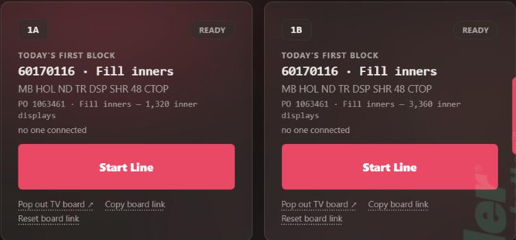 Line cards 1A and 1B, both Ready: Today's first block 60170116 · Fill inners, PO 1063461 · Fill inners — 1,320 inner displays on 1A and 3,360 on 1B, each with a Start Line button.