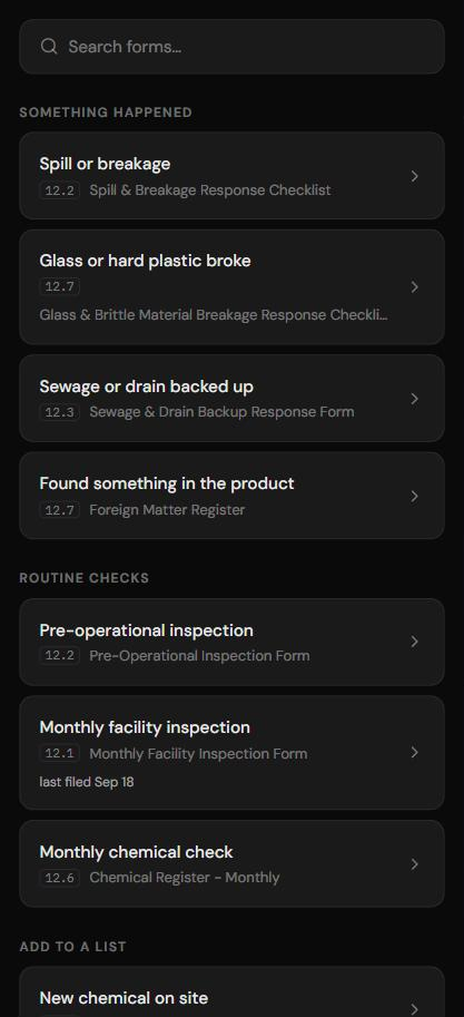 The forms QR menu on a phone: a search box, then Something happened (spill or breakage, glass or hard plastic broke, sewage backup, found something in the product) and Routine checks (pre-operational inspection, monthly facility inspection, monthly chemical check).