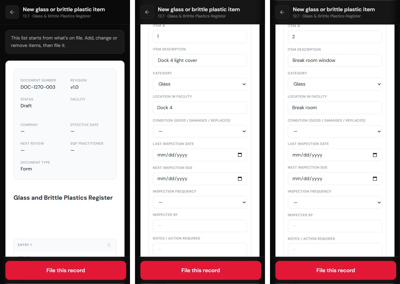 Three phone screens of the glass register from the QR: the note 'This list starts from what's on file', then item 1 'Dock 4 light cover' and item 2 'Break room window', each with its Condition box blank.