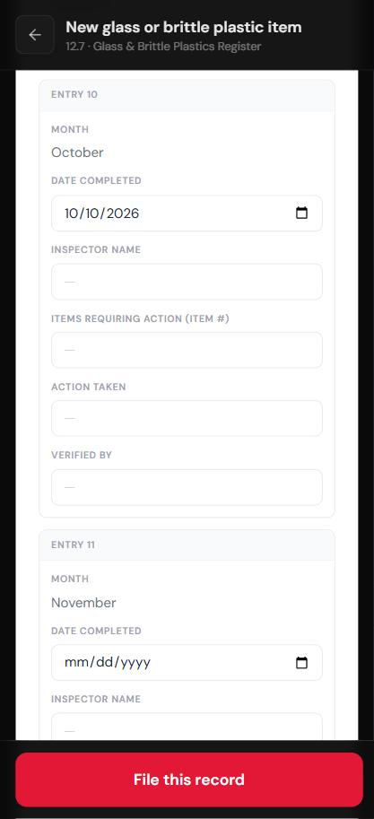 The Monthly Inspection Log on a phone: the October row with 10/10/2026 typed in Date Completed, and the November row still blank.