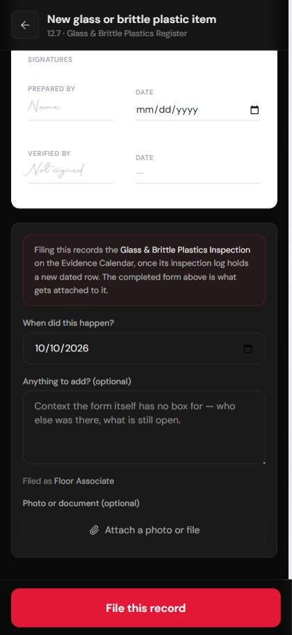 The bottom of the QR form: a box saying filing records the Glass & Brittle Plastics Inspection once the log holds a new dated row, the date field, notes, 'Filed as Floor Associate', and the File this record button.