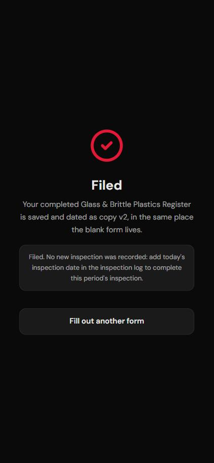 The Filed screen: copy v2 saved, and the note 'Filed. No new inspection was recorded: add today's inspection date in the inspection log to complete this period's inspection.'