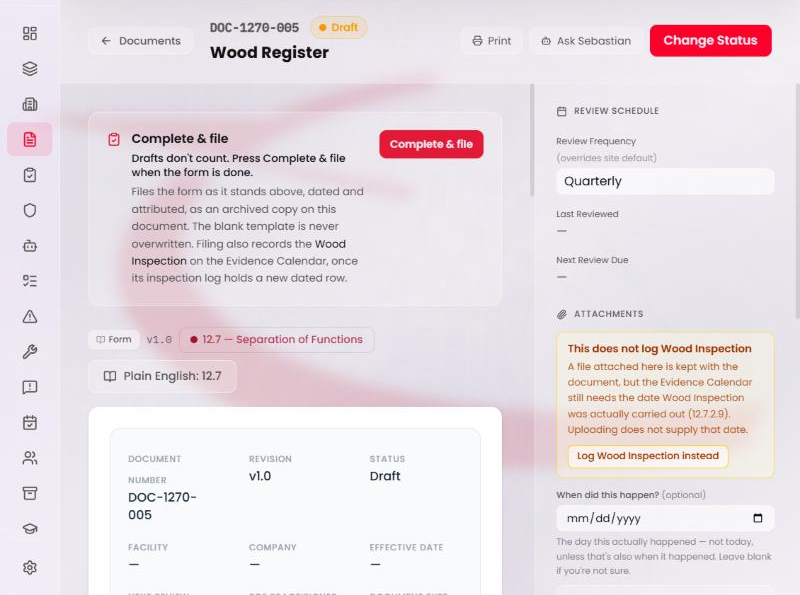 The Wood Register page. Above the form, the Complete & file panel says 'Drafts don't count. Press Complete & file when the form is done.' and that filing also records the Wood Inspection once its log holds a new dated row.