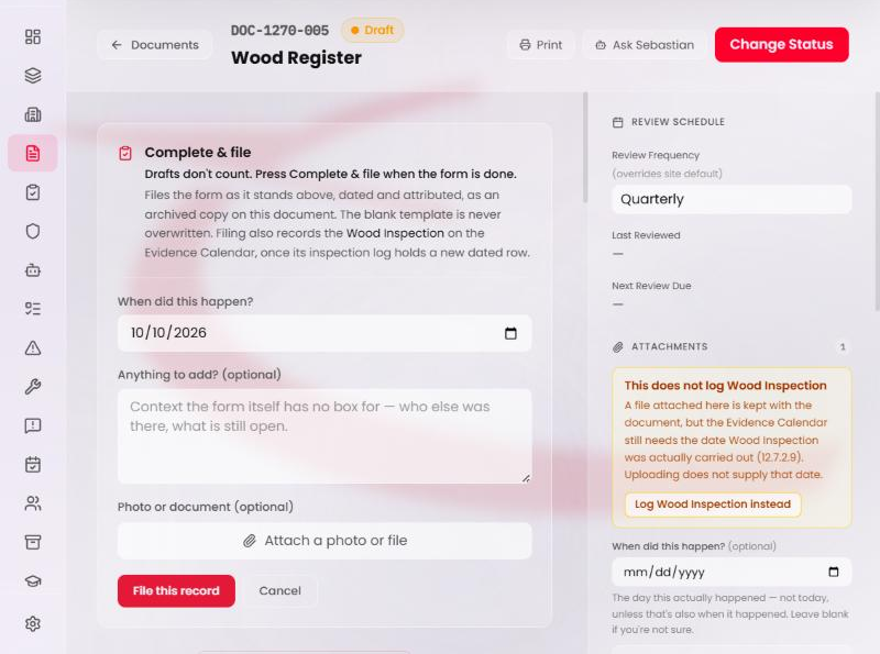 The Complete & file panel open on the Wood Register page, with the date, notes and photo fields and the File this record and Cancel buttons.