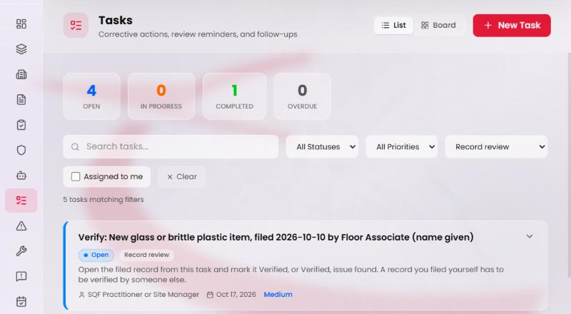 The Tasks page filtered to Record review, listing open tasks titled 'Verify: New glass or brittle plastic item, filed 2026-10-10 by' a name.