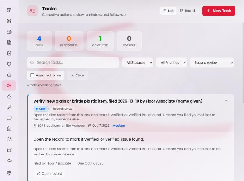 An expanded review task: 'Open the record to mark it Verified, or Verified, issue found.', who filed it, the due date, and the Open record button.