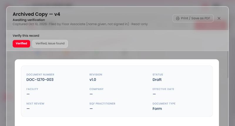 The filed copy viewer: 'Archived Copy, v3', 'Awaiting verification', who filed it, and the Verify this record panel with Verified and Verified, issue found.