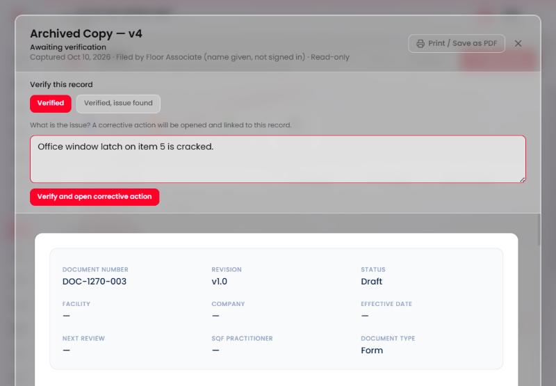 The issue box open: 'What is the issue? A corrective action will be opened and linked to this record.', a note typed in, and the Verify and open corrective action button.