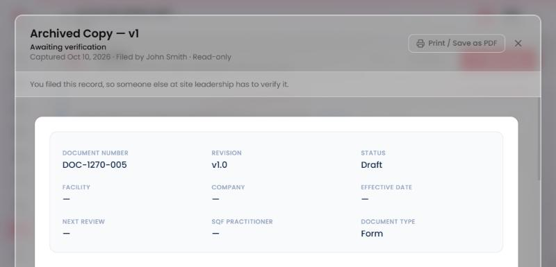 A Wood Register copy opened by the person who filed it: no buttons, and the line 'You filed this record, so someone else at site leadership has to verify it.'