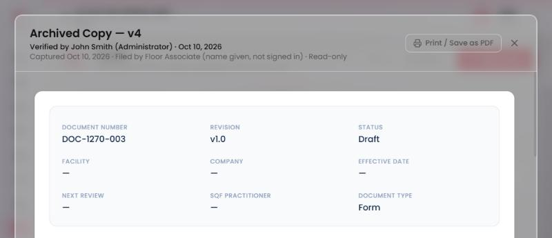 A verified copy's header: 'Verified by John Smith (Administrator), Oct 10, 2026'.