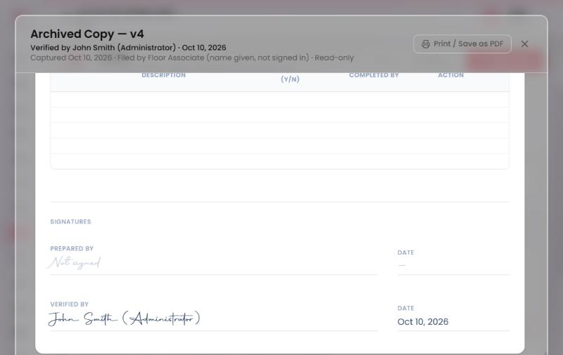 The signature block of the same copy: Prepared By not signed, and Verified By filled in as John Smith (Administrator) with the date Oct 10, 2026.
