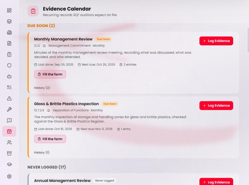 The Evidence Calendar: the Glass & Brittle Plastics Inspection card under Due Soon, Last done Oct 10, 2026, Next due Nov 9, 2026, 1 entry.