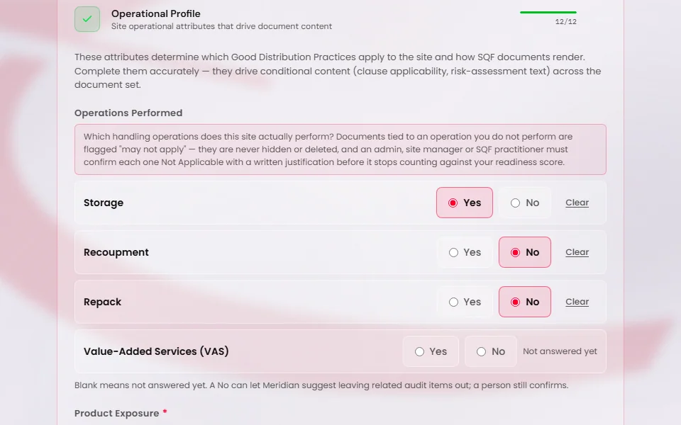 The Operations Performed question in the Operational Profile. Storage is answered Yes, Recoupment and Repack are answered No, and Value-Added Services (VAS) reads Not answered yet. Clear sits beside each answered row, and a line says that blank means not answered yet.