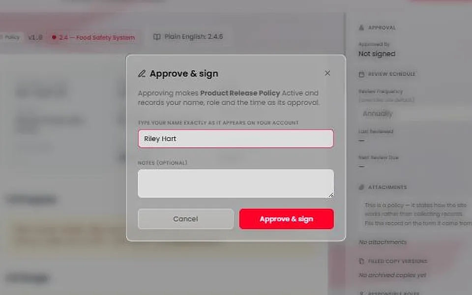 The Approve & sign dialog. It asks you to type your name exactly as it appears on your account, shows a typed name, an optional notes box and an Approve & sign button.