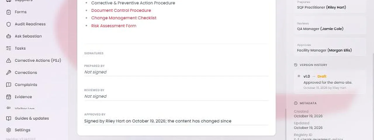 The signature lines at the foot of a policy. The approval line shows a named person and a date followed by the words the content has changed since, and the other lines read Not signed.