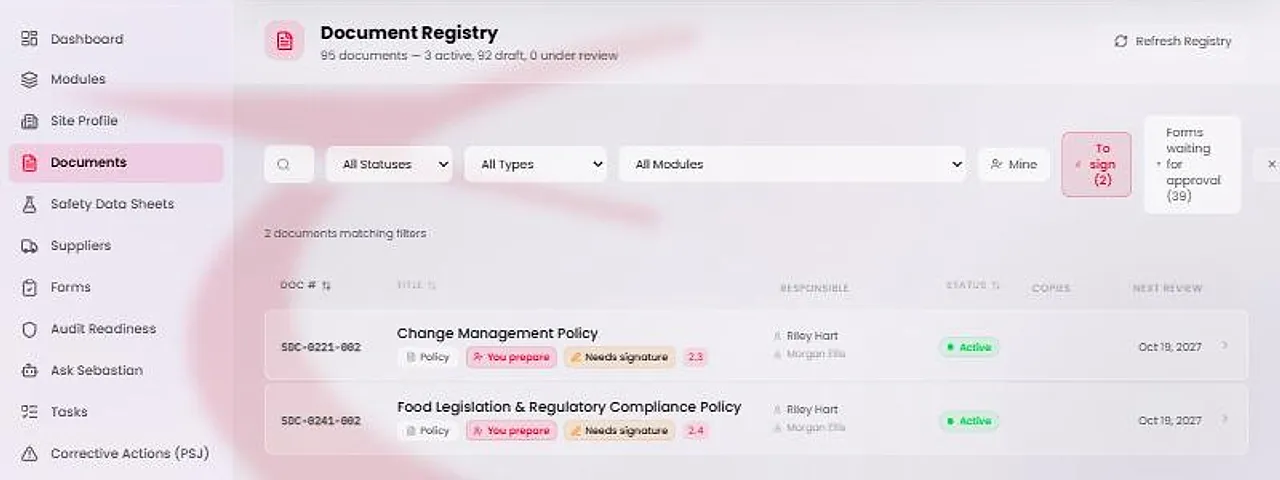 The Documents page with the To sign button pressed. The list shows only documents that carry a Needs signature badge.