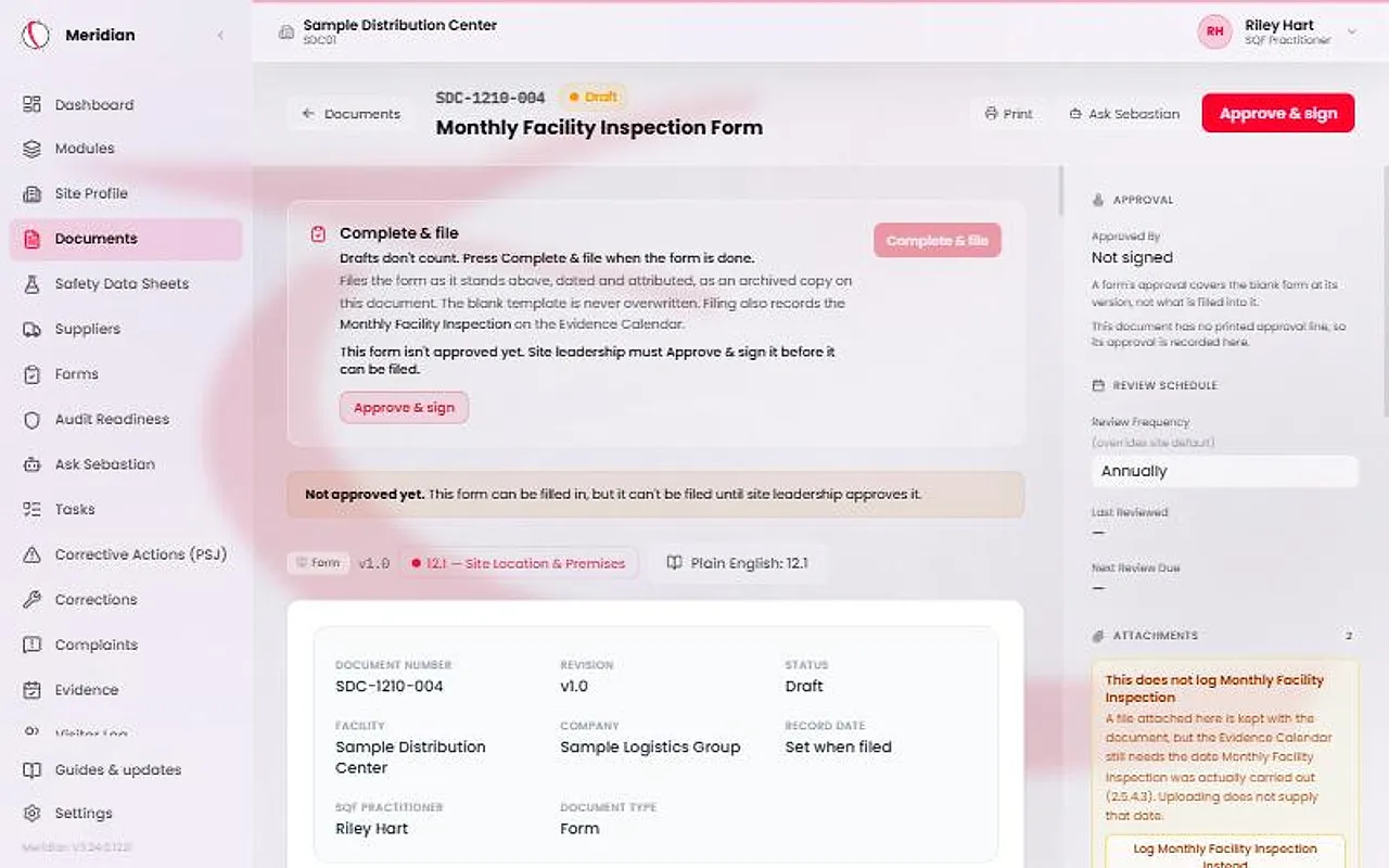 A form that is still a Draft. A banner says Not approved yet, and the Complete & file card is greyed out with a sentence saying the form isn't approved yet and an Approve & sign button.