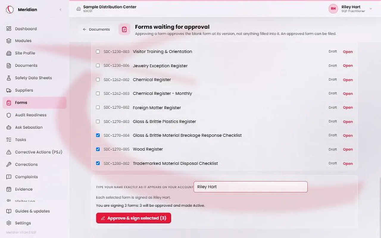 The Forms waiting for approval screen with three forms ticked, a name typed under the instruction to type your name exactly as it appears on your account, a line saying three forms will be approved and made Active, and an Approve & sign selected button.