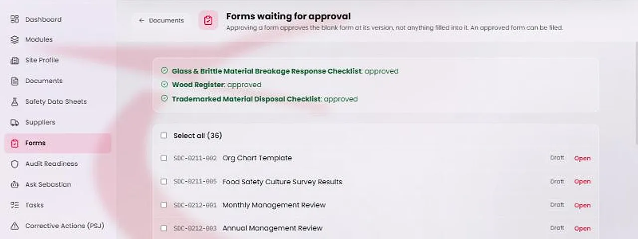 The top of the Forms waiting for approval screen after signing, with a Results list showing three form titles each marked approved.