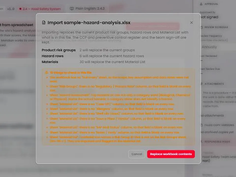The import preview dialog for a spreadsheet. It lists how many risk groups, hazard rows and materials were found, a list of things to check in the file, and Cancel and Replace workbook contents buttons.