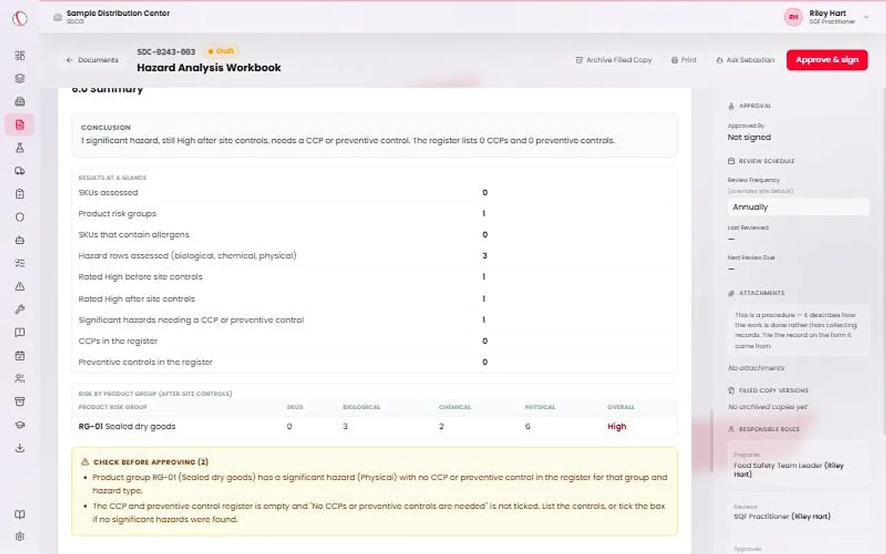 Section 6.0 Summary of the workbook, with a results table, risk by product group, a conclusion, and a Check before approving list of warnings.