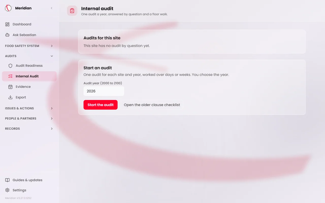 The Internal audit page with the Audits group open in the sidebar. The Start an audit box has a four digit year typed in the Audit year field, and the Start the audit button is ready to press.