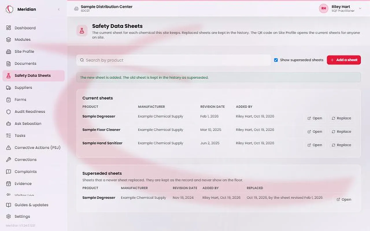 The Safety Data Sheets page. The Current sheets table lists three products with manufacturer, revision date, who added each sheet, and Open and Replace buttons. A superseded sheets table sits below it.