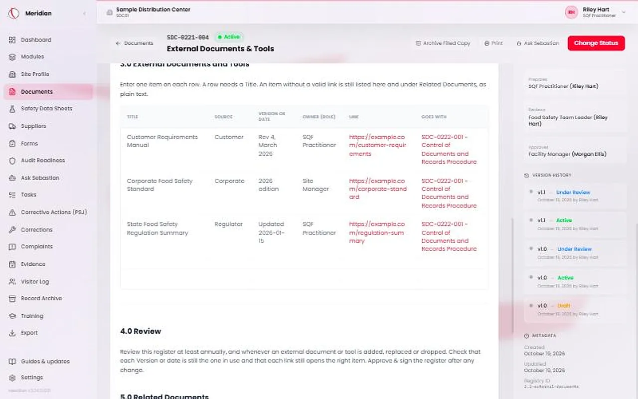 Section 3.0 of the External Documents & Tools register with three items. Each row has a title, a source, a version or date, an owner role, a link and the Meridian documents it goes with.