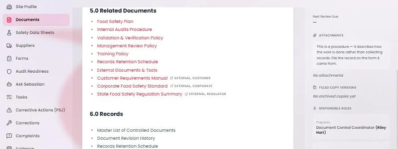 The Related Documents section at the foot of a procedure. After the fixed items, the external items appear as links marked External, each with its source.