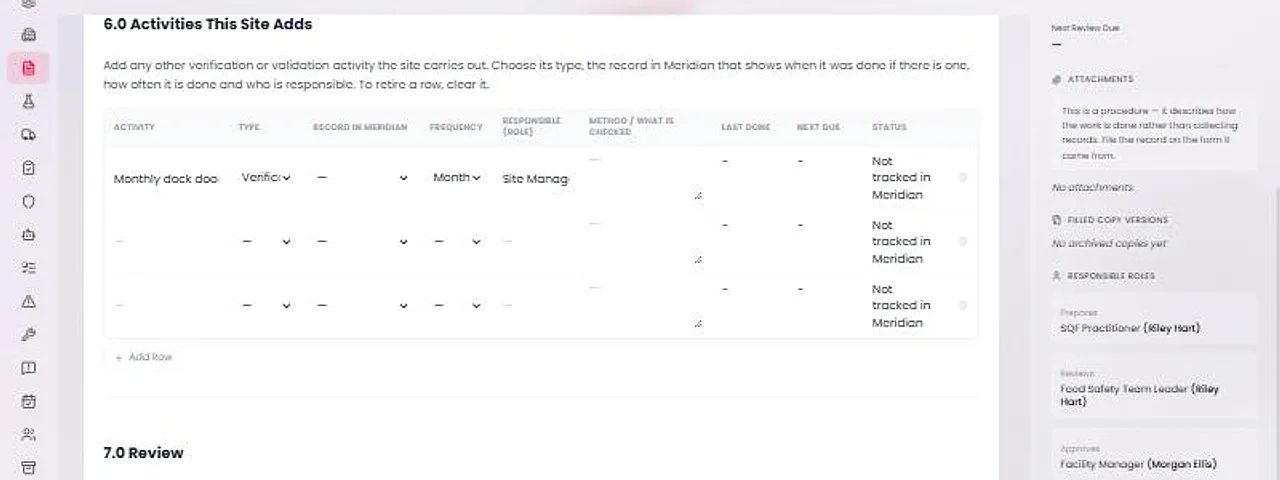 The Activities This Site Adds table with one row filled in: an activity name, a type, a frequency of Monthly and a responsible role.