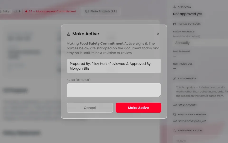 The Make Active dialog over a draft policy. It says making the policy Active signs it, shows Prepared By and Reviewed & Approved By with a name each, an optional notes box, and the Cancel and Make Active buttons.