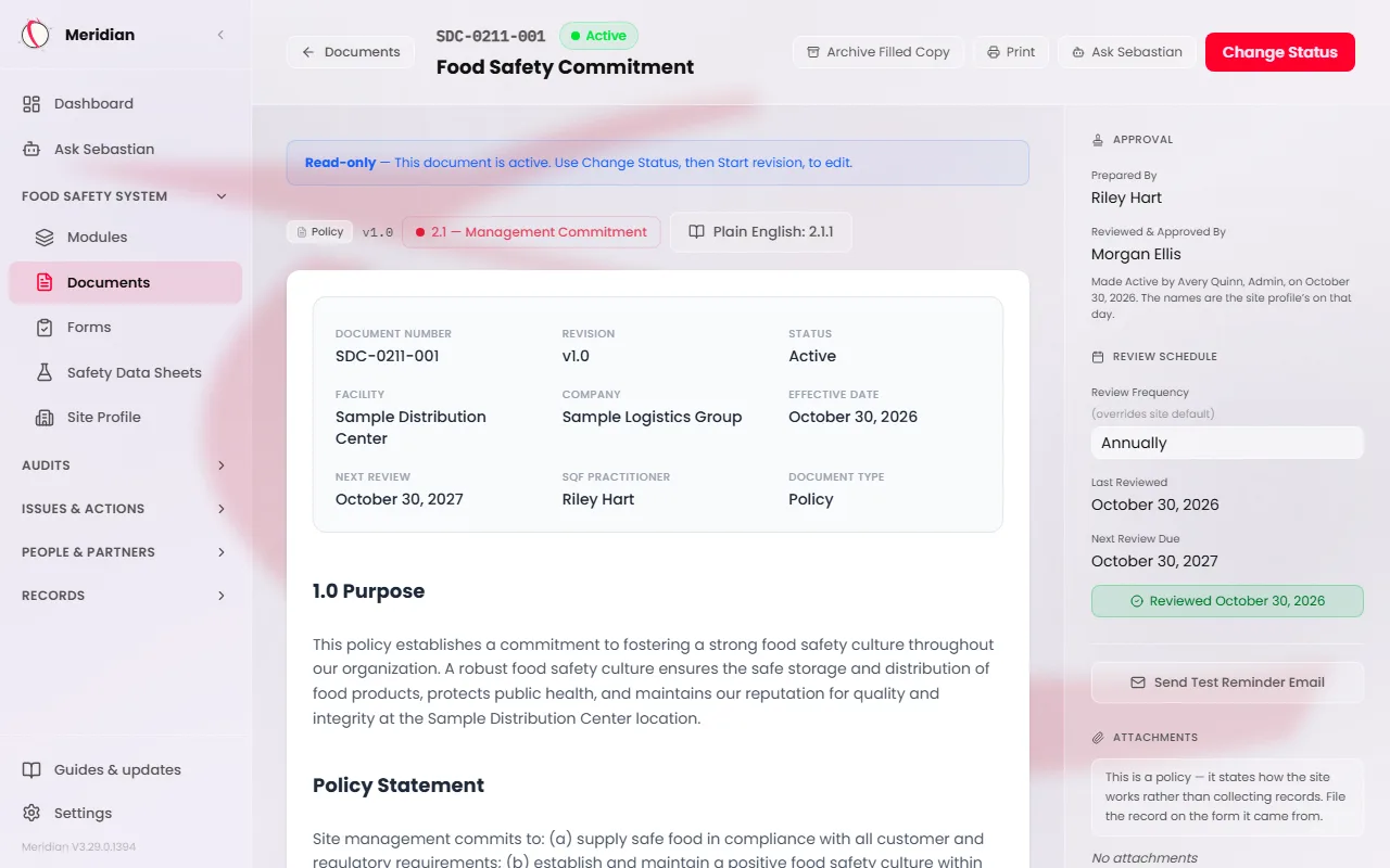 The same policy after Make Active. Its badge reads Active, a Read-only banner sits above it, and the Approval panel lists a Prepared By name and a Reviewed & Approved By name with a line saying who made it Active and on what date.
