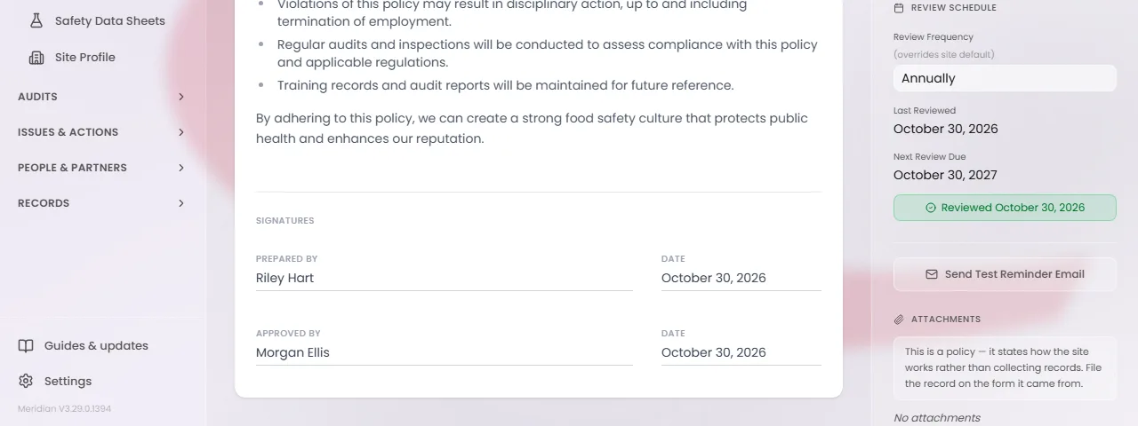 The signature lines at the foot of an Active policy. Prepared By and Approved By each show a name and the same date.