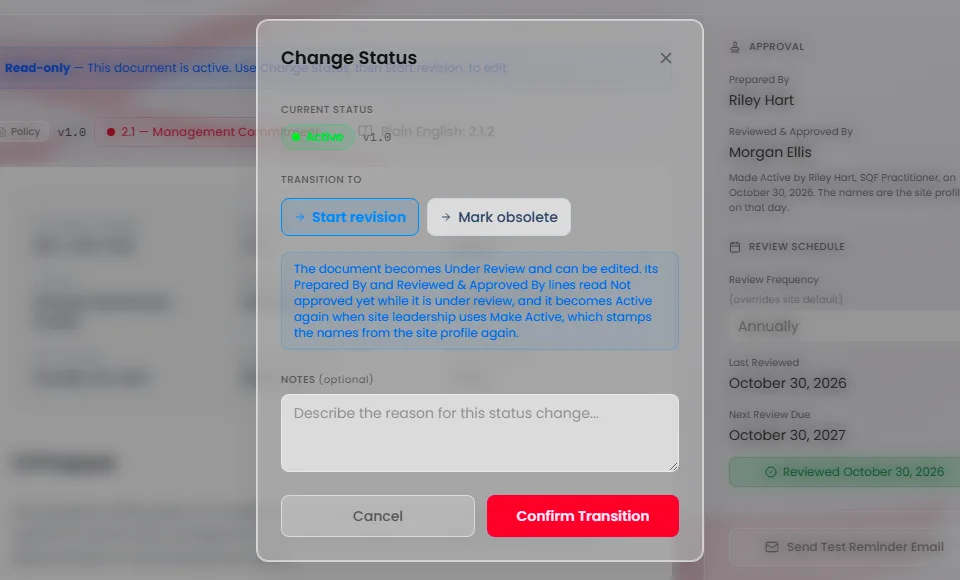 The Change Status dialog on an Active policy with Start revision chosen. A note says the document becomes Under Review and can be edited, its lines read Not approved yet, and Make Active stamps the names from the site profile again. Cancel and Confirm Transition are at the foot.