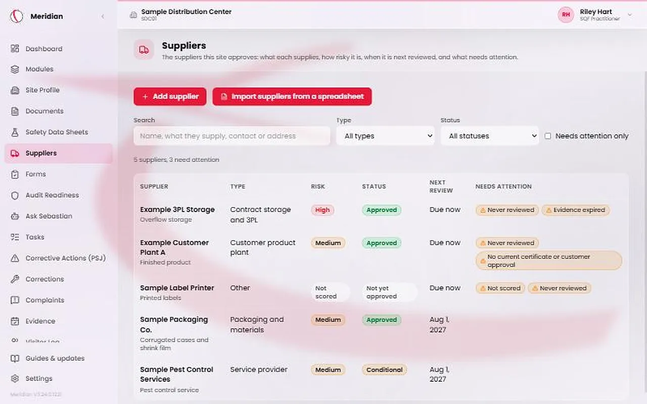 The Suppliers page listing five suppliers with their type, risk level, status and flags. A count line reads 5 suppliers, 3 need attention. An Add supplier button and an import button sit above the search box and filters.